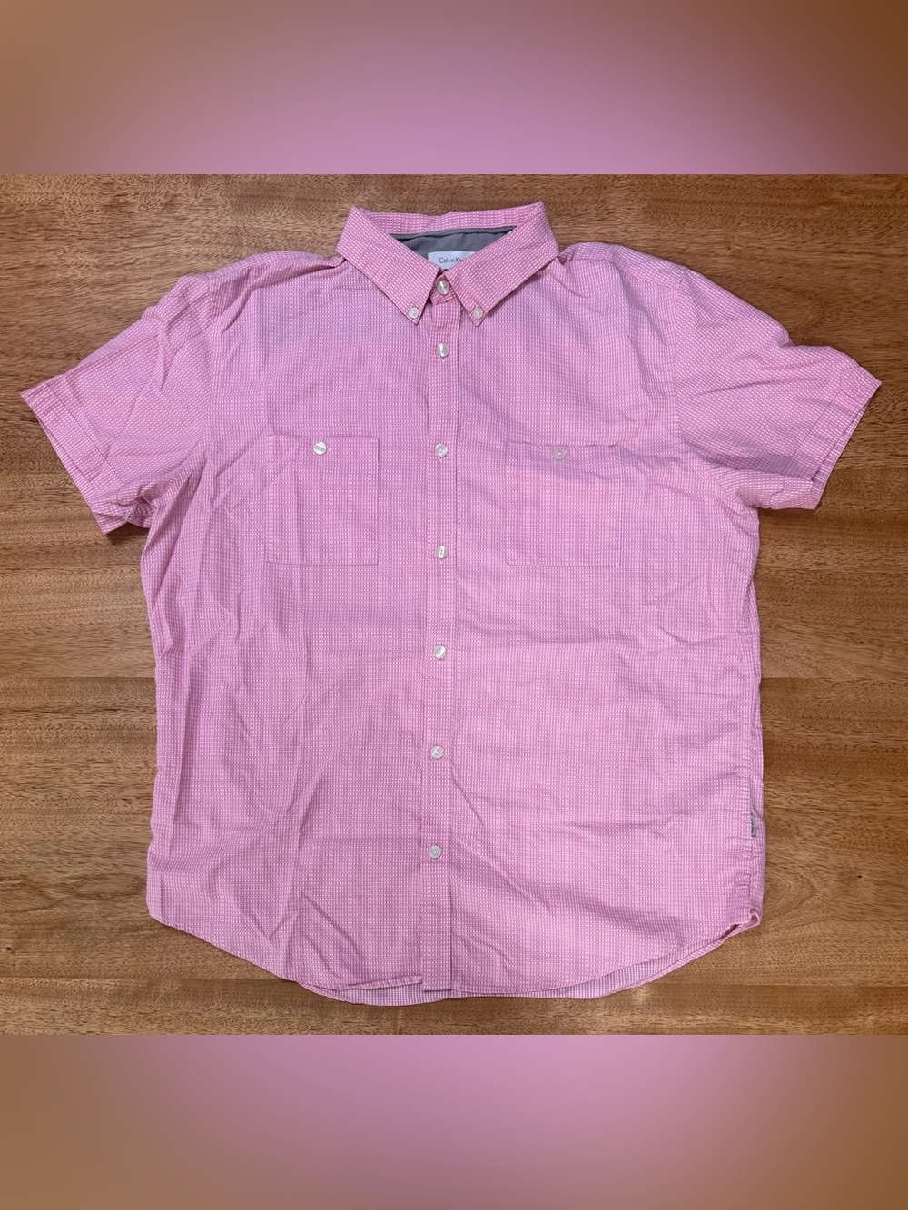 Calvin Klein - Men’s Checkered Short Sleeve Button-Up Shirt | Pink | Size Large
